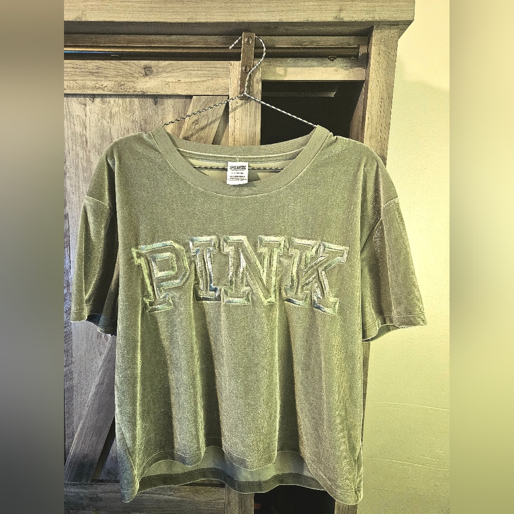 PINK Olive Green Velvety Crop Top